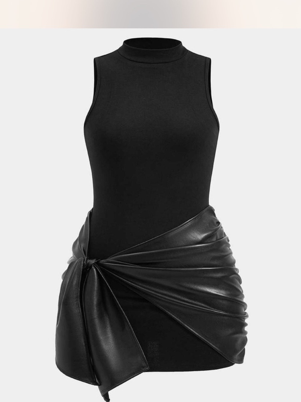 Black Mock Neck Sleeveless Mini Dress with Faux Leather Knot Detail